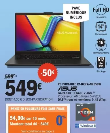 Asus - Pc Portable R1400fa-nx550w offre à 549€ sur E.Leclerc