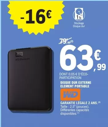 WD - Disque Dur Externe Element Portable offre à 63,99€ sur E.Leclerc
