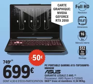 Asus - Pc Portable Gaming A15-TUF506NFR- ASLS offre à 699€ sur E.Leclerc