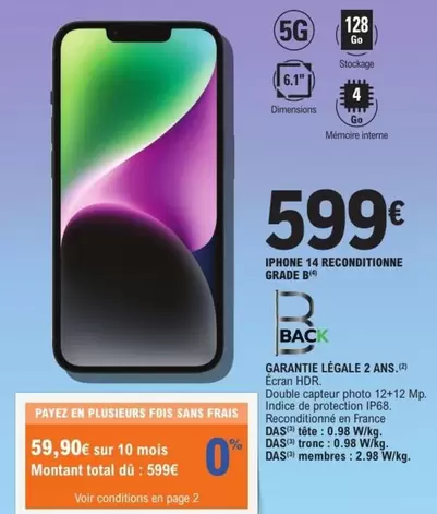 Total - Iphone 14 Reconditionne Grade B offre à 599€ sur E.Leclerc
