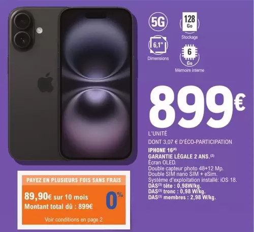 Total - Iphone 16" Garnie Lecale 2 Ans offre à 899€ sur E.Leclerc