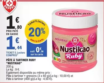 Nustikao - Pâte A Tartiner Ruby offre à 1,8€ sur E.Leclerc