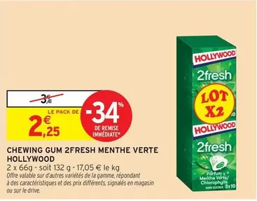 Hollywood - Chewing Gum 2fresh Menthe Verte offre à 2,25€ sur Intermarché Contact