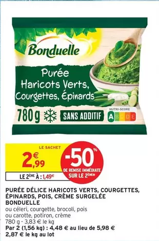 Bonduelle - Purée Delice Haricots Verts, Courgettes, Épinards, Pois, Crème Surgelée offre à 2,99€ sur Intermarché
