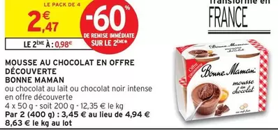 Bonne maman - Mousse Au Chocolat En Offre Decouverte offre à 2,47€ sur Intermarché