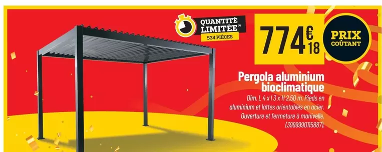 Pergola Aluminium Bioclimatique offre à 774,18€ sur Bricorama