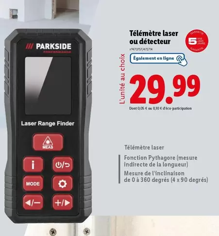 Parkside - Télémètre Laser Ou Detecteur offre à 29,99€ sur Lidl
