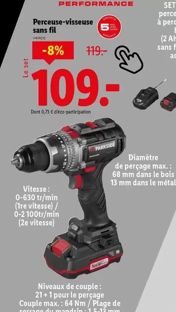 Parkside - Perceuse-visseuse Sans Fil offre à 109€ sur Lidl
