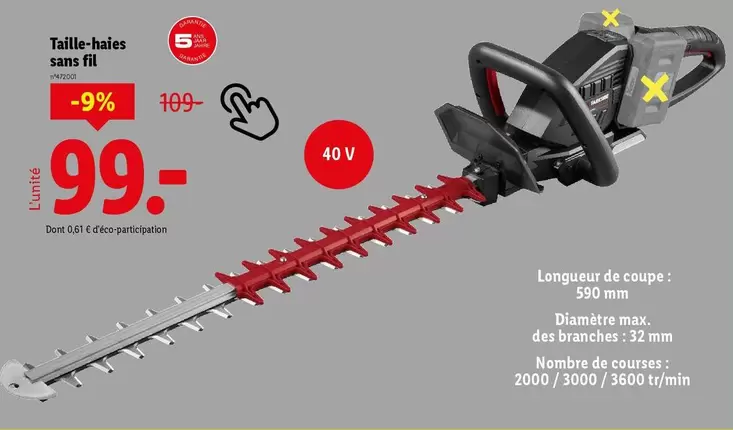 Parkside - Taille-haies Sans Fil offre à 99€ sur Lidl