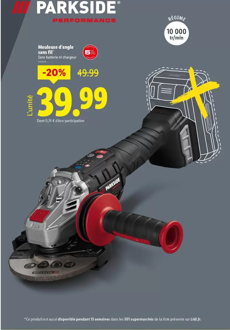 Parkside - Meuleuse D'angle Sans Fil offre à 39,99€ sur Lidl