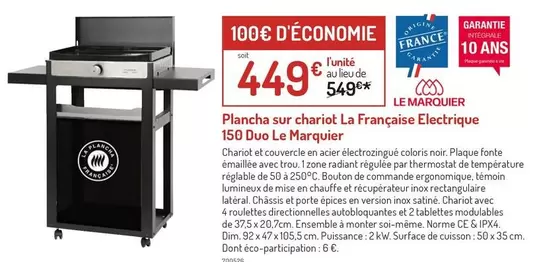 Le Marquier - Plancha Sur Chariot La Franceise Electrique 150 Duo offre à 449€ sur Botanic