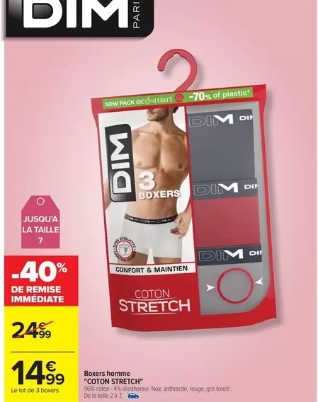 Dim - Boxers Homme Coton Stretch offre à 14,99€ sur Carrefour Contact