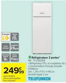 Telefunken - Réfrigérateur 2 Portes offre à 249,99€ sur Carrefour Contact