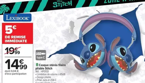 Disney - Casque Stéréo Filaire Pliable Stitch offre à 14,99€ sur Carrefour Contact