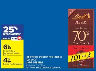 Lindt - Tablette De Chocolat Noir Intense offre à 6,25€ sur Carrefour City