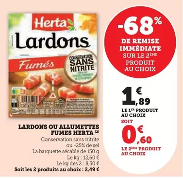 Herta - Lardons Ou Allumettes Fumes offre à 1,89€ sur Super U