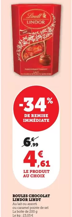 Lindt - Boules Chocolat Lindor offre à 4,61€ sur Super U