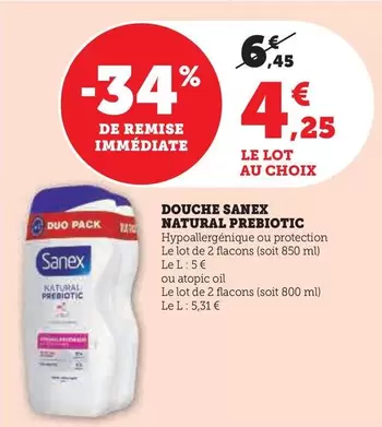 Sanex - Douche Natural Prebiotic offre à 4,25€ sur Super U