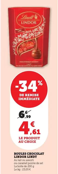 Lindt - Boules Chocolat Lindor offre à 4,61€ sur Super U