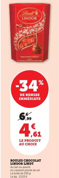 Lindt - Boules Chocolat Lindor offre à 4,61€ sur Super U