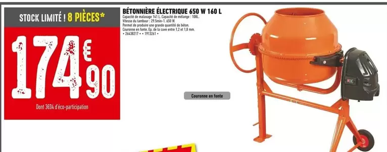 Bétonnière Électrique 650 W offre à 174,9€ sur Batkor