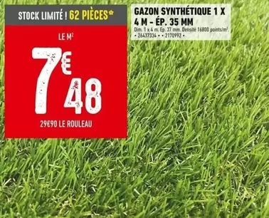 Gazon Synthétique 1 X 4 M - Ép. 35 Mm offre à 7,48€ sur Batkor