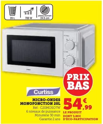 Curtiss - Micro-ondes Monofonction 20L offre à 54,99€ sur Super U