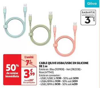 Qilive - Cable USBA/USBC En Silicone De 1 M offre à 3,99€ sur Auchan Hypermarché