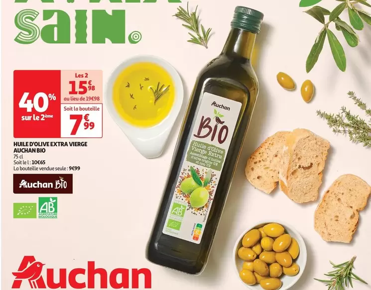 Auchan - Huile D'Olive Extra Vierge Bio offre à 9,99€ sur Auchan Supermarché