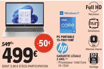 HP - Pc Portable 15-f-d0115nf offre à 499€ sur E.Leclerc