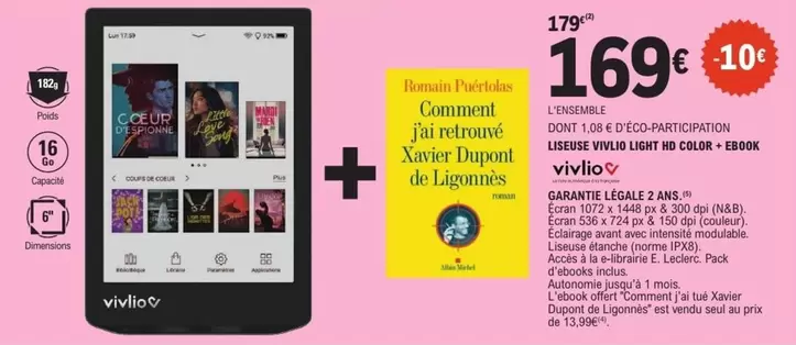 Vivlio - Liseuse Light HD Color + Ebook offre à 169€ sur E.Leclerc