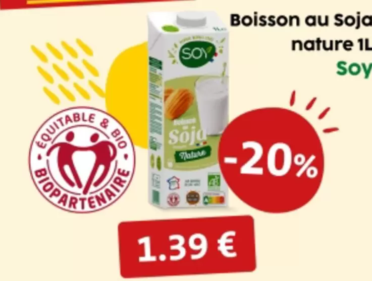 Soy - Boisson Au Soja Nature offre à 1,39€ sur So.bio