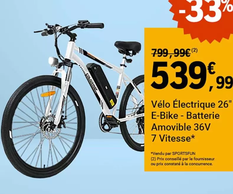 Vélo Électrique 26" E-Bike-Bike-Batterie Amovible 36V 7 Vitesse offre à 539,99€ sur E.Leclerc Sports