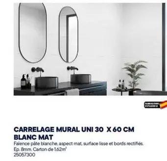Carrelage Mural Uni 30 X 60 Cm Blanc Mat offre sur Bricoman