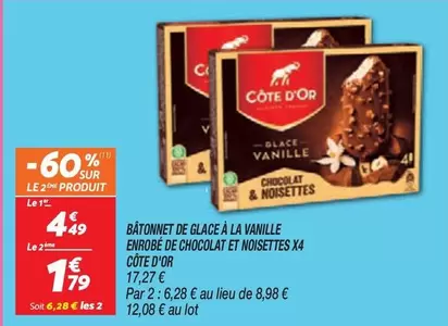 Côte d'or - Bâtonnet De Glace À La Vanille Enrobé De Chocolat Et Noisettes X4 offre à 4,49€ sur Netto