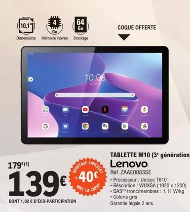 Lenovo - Tablette M10 (3 Génération offre à 139€ sur E.Leclerc
