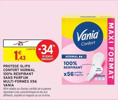 Vania - Protege Slips Confort Normal 100% Respirant Sans Parfum Multi-formes X56 offre à 1,43€ sur Intermarché