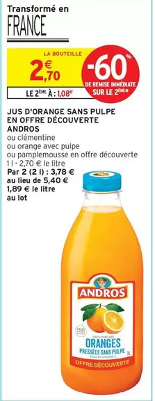 Andros - Jus D'orange Sans Pulpe En Offre Découverte offre à 2,7€ sur Intermarché