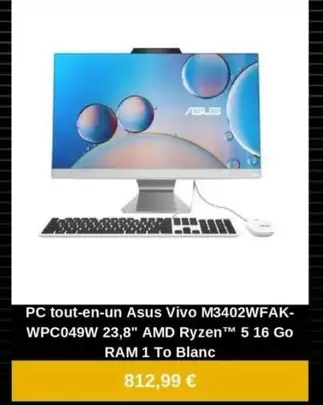 Asus - Pc Tout-En-Un Vivo M3402WFAK- WPC049W 23.8" Amd Ryzen 5 16 Go RAM 1 To Blanc offre à 812,99€ sur Fnac