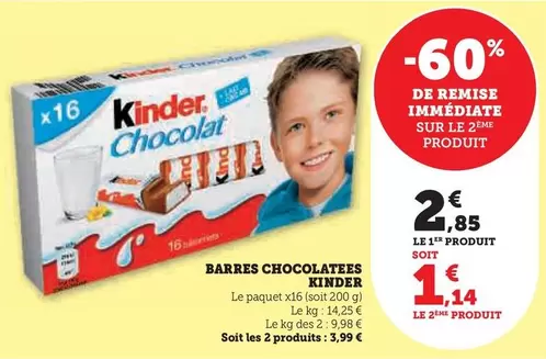 Kinder - Barres Chocolat offre à 2,85€ sur Super U