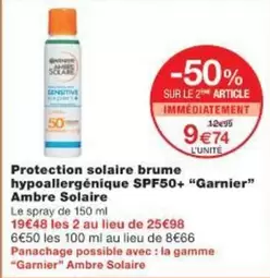 Garnier - Protection Solaire Brume Hypoallergénique Spf50+ offre à 9,74€ sur Monoprix