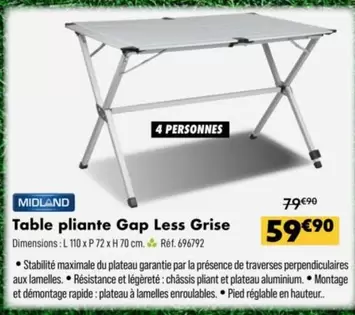 Midland - Table Pliante Gap Less Grise offre à 59,9€ sur Narbonne accessoires