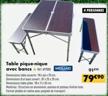 Midland - Table Pique-Nique Avec Bancs offre à 79,9€ sur Narbonne accessoires