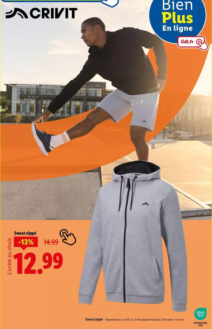Sweat Zippé offre à 12,99€ sur Lidl